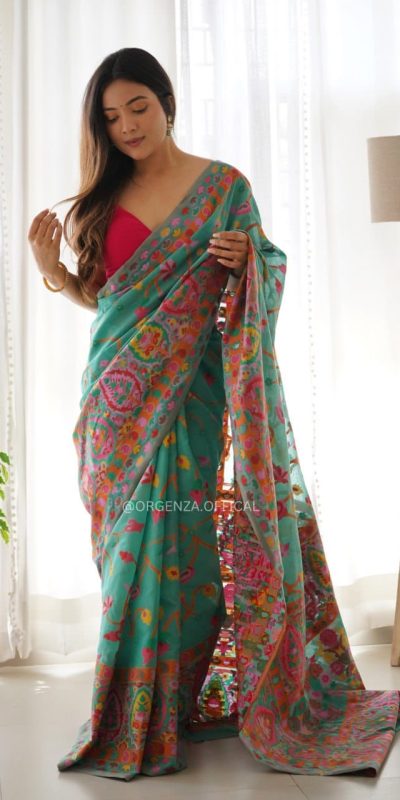 Gracefull Blue Color Kashmiri Running Thread Zari Work Saree