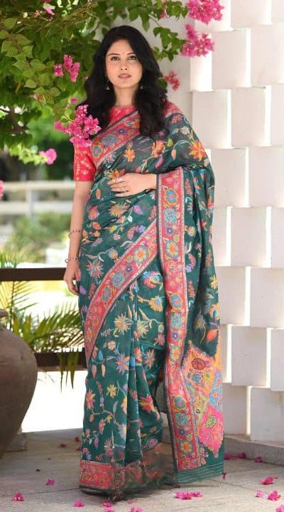 Graceful Green Color Kashmiri Running Thread Zari Work Saree