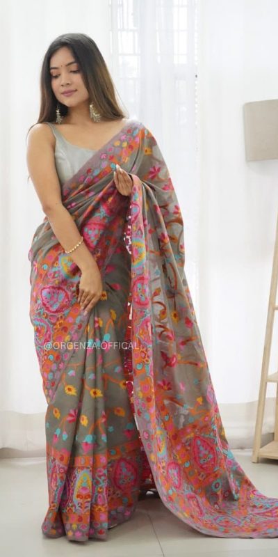Graceful Grey Color Kashmiri Running Thread Zari Work Saree