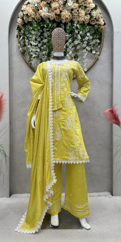Graceful Mustard Color Maslin Silk Thread Work Salwar Suit