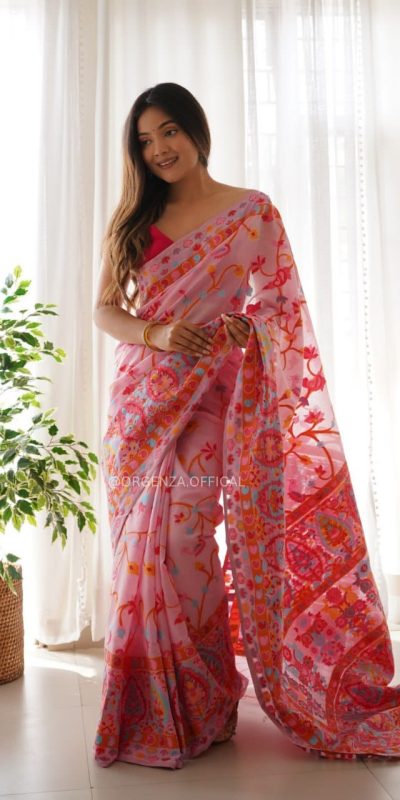 Graceful Pink Color Kashmiri Running Thread Zari Work Saree