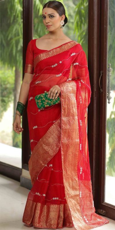 Graceful Red Color Organza Sequins Lehriya Embroidery Saree