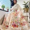 Graceful White Color Plain Linen Digital Printed All Over Saree