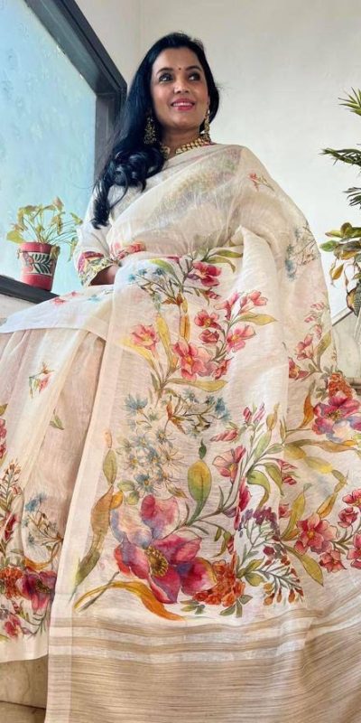 Graceful White Color Plain Linen Digital Printed All Over Saree