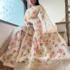 Graceful White Color Plain Linen Digital Printed All Over Saree