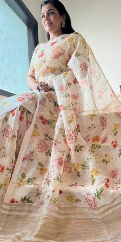 Graceful White Color Plain Linen Digital Printed All Over Saree