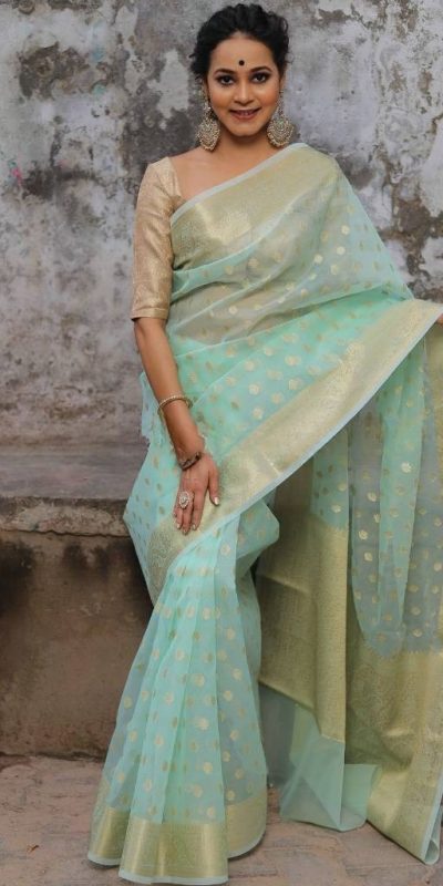 Grand Aqua Marine Color Organza Jacquard Butti Worked Saree