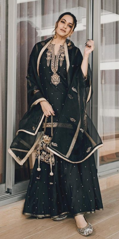 Grand Black Chinnon Silk Embroidery Coding Dori Salwar Suit