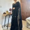 Grand Black Color Soft Chinnon Hand Work Flower Design Saree