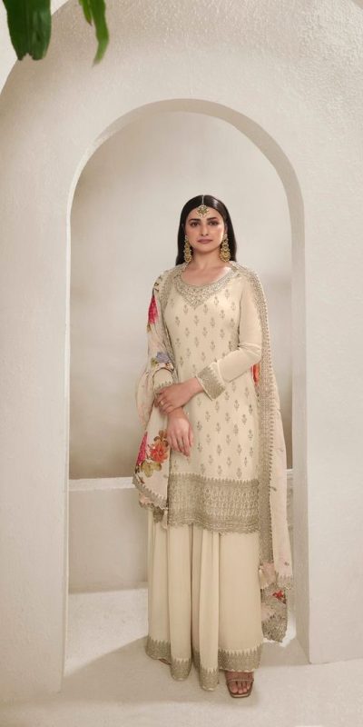 Grand Cream Viscose Chinon Embroidered Sequence Salwar Suit
