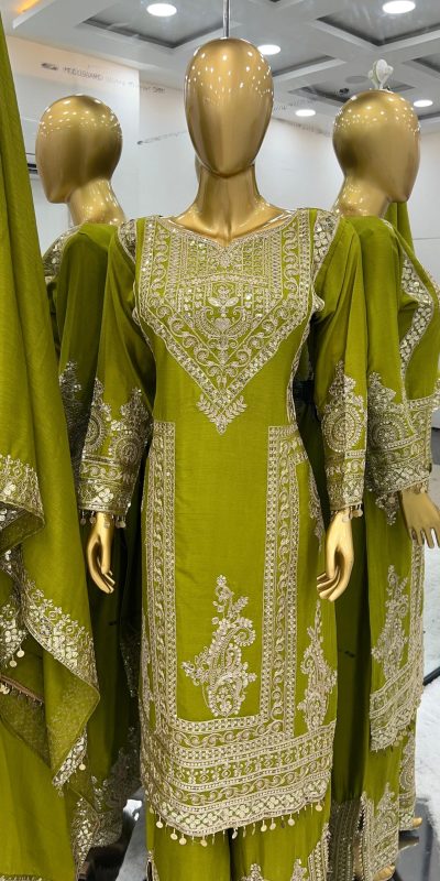 Grand Green Color Chinnon Silk Embroidery Coding Salwar Suit