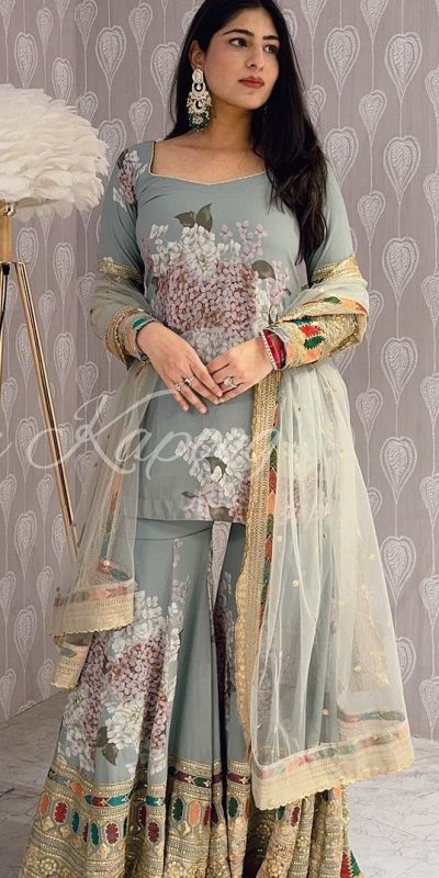 Grand Grey Color Chinnon Silk Embroidery Work Sharara Suit