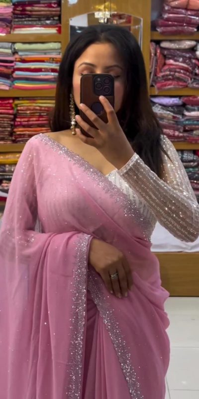 Grand Light Pink Color Georgette Shining Diamond All Over Saree