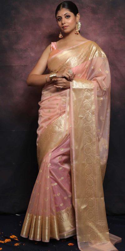 Grand Peach Color Organza Jacquard Butti Worked Saree