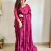 Grand Pink Color Soft Chinnon Hand Work Flower Design Saree