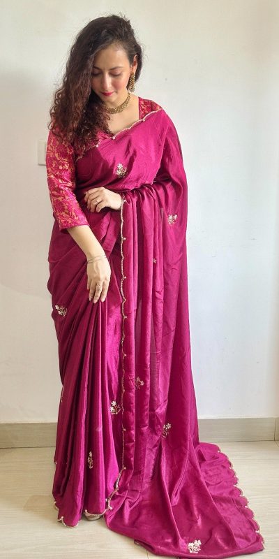 Grand Pink Color Soft Chinnon Hand Work Flower Design Saree