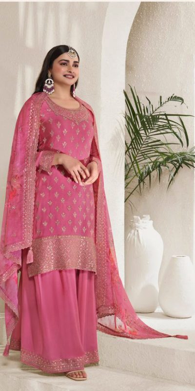Grand Pink Viscose Chinon Embroidered Sequence Salwar Suit