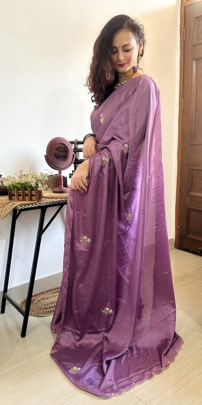 Grand Purple Color Soft Chinnon Flower Design Handwork Saree
