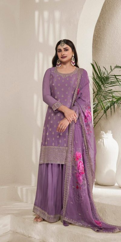 Grand Purple Viscose Chinon Embroidered Sequence Salwar Suit