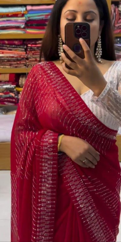 Grand Red Color Georgette Shining Diamond All Over Saree