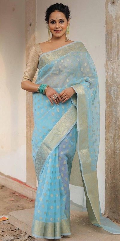 Grand Sky Blue Color Organza Jacquard Butti Worked Saree
