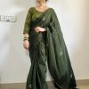 Grand Stone Green Color Soft Chinnon Flower Design Saree