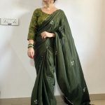 Grand Stone Green Color Soft Chinnon Flower Design Saree