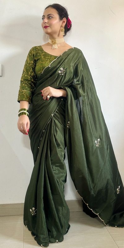 Grand Stone Green Color Soft Chinnon Flower Design Saree