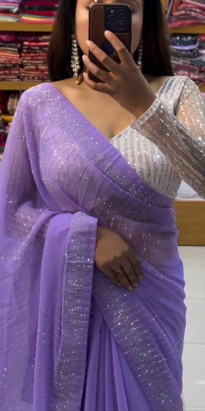 Grand Violet Color Georgette Shining Diamond All Over Saree