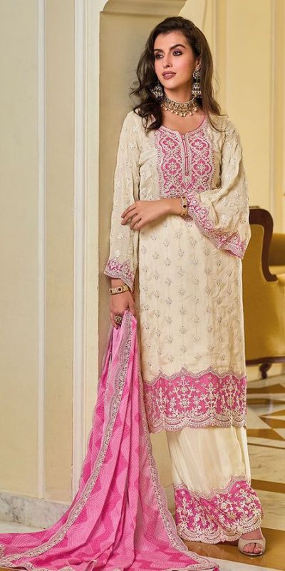 Grand White Color Georgette Chine Sequins Work Salwar Suit