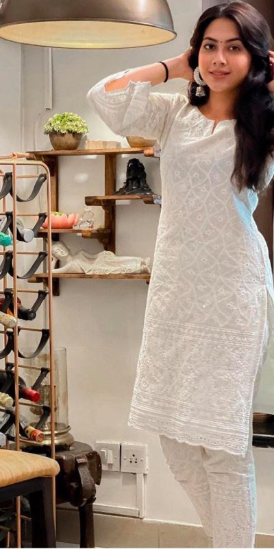 Grand White Color Heavy Cotton Chicken Embroidery Work Kurti