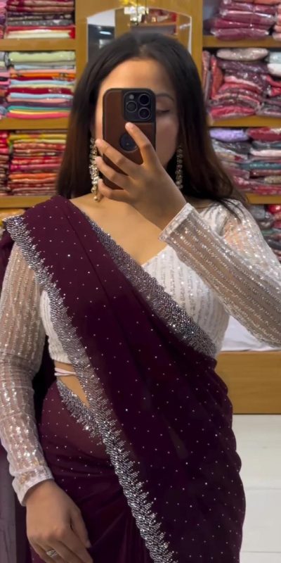 Grand Wine Color Georgette Shining Diamond All Over Saree