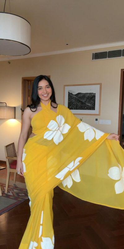 Aglow Yellow Color Pure Soft Georgette Silk Design All Over Saree