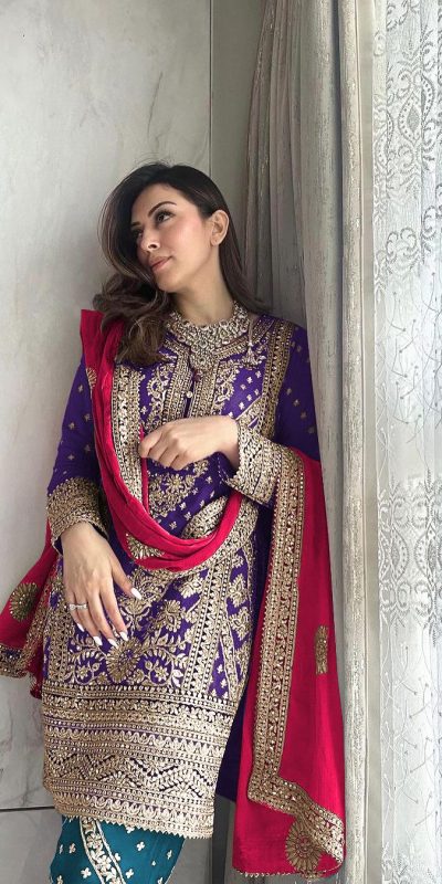 Hansika Motwani Violet Color Georgette Embroidery Salwar Suit