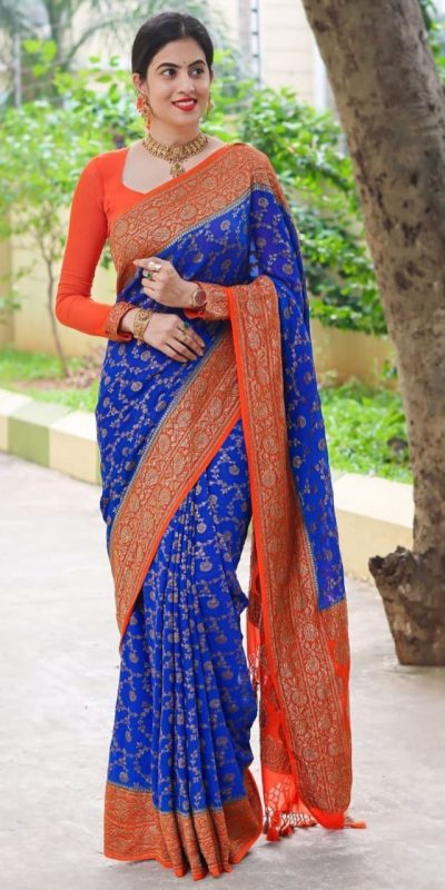 Magnificent Blue Color Soft Lichi Silk Beautiful Design Work Saree