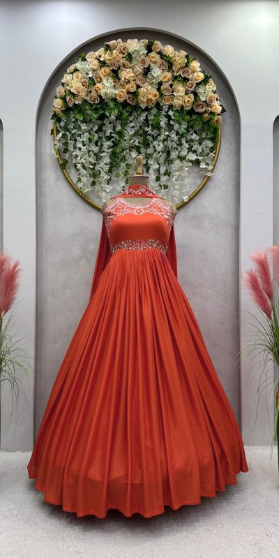 Majestic Orange Color Maslin silk Thread Work Anarkali Suit