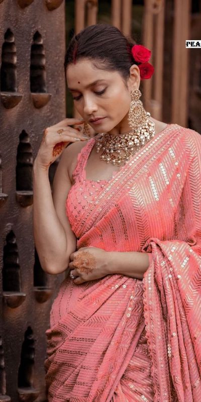Majestic Peach Color Georgette Beautiful Embroidery Saree