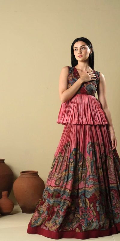 Majestic Pink Color Chinon Kalamkari Printed Work Lehenga Choli