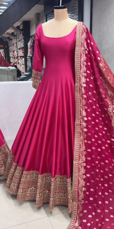 Majestic Pink Color Heavy Chinon Silk Embroidery Sequence Gown