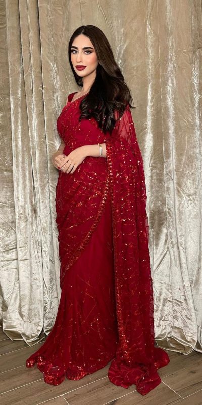 Majestic Red Color Georgette Embroidery Sequence Piping Saree