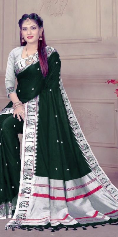 Mesmerizing Green Color Soft Lichi Silk Silver Zari Design Saree