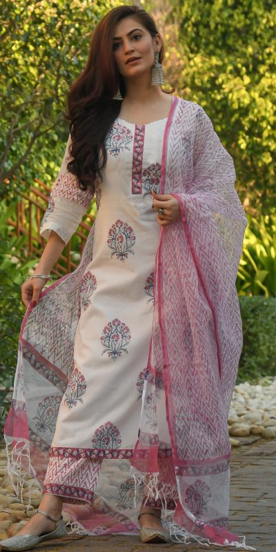 Mesmerizing White Color Viscose Cotton Printed Work Salwar Suit