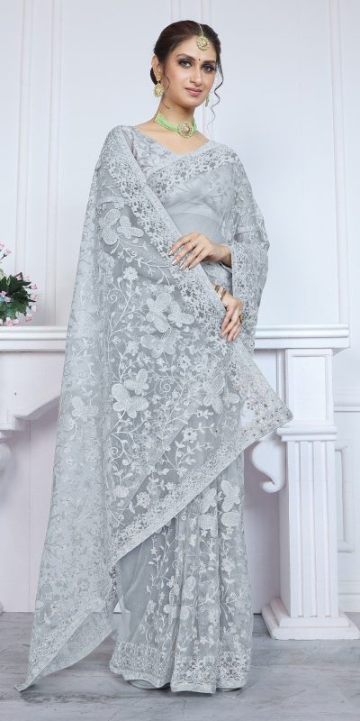 Mystical Blue Color Butterfly Net Embroidery Sequence Saree