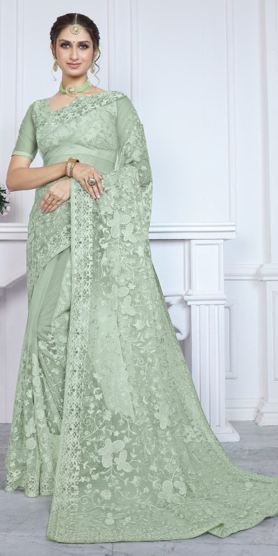 Mystical Green Color Butterfly Net Embroidery Sequence Saree