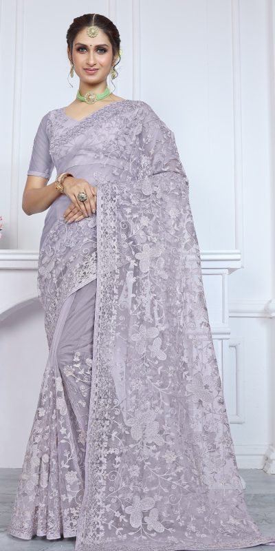 Mystical Light Purple Butterfly Net Embroidery Sequence Saree