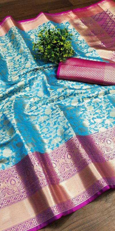 Nice Blue Soft Organic Banarasi Silk Gold Zari Weaving Saree