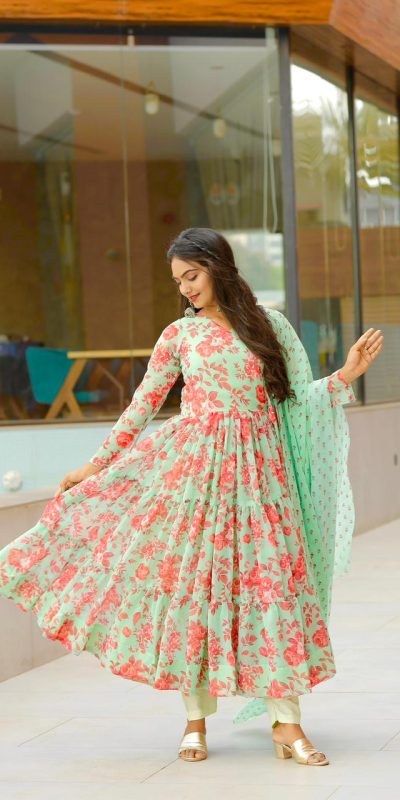Nice Green Color Georgette Material Digital Printed Anarkali Suit