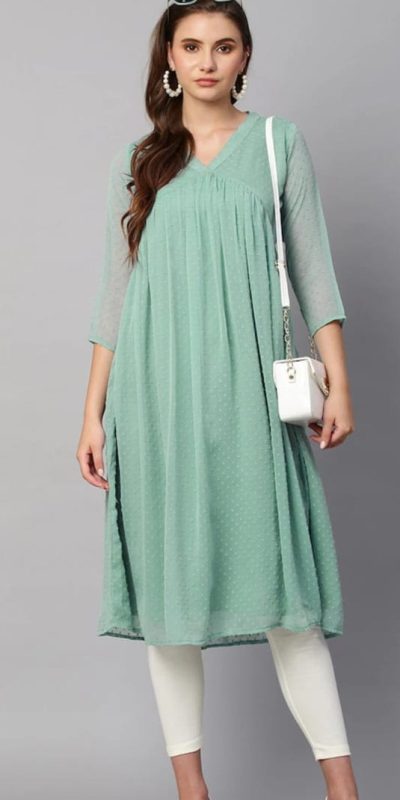 Nice Light Green Color Chiffon V-Neck Gathered Midi Kurti