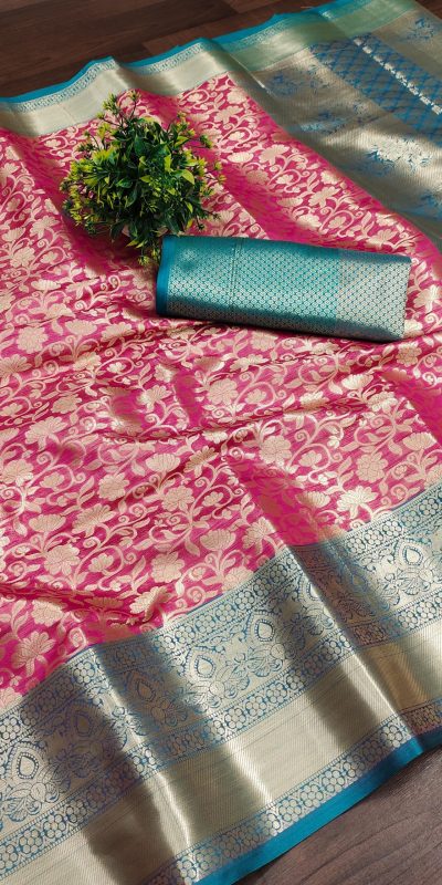 Nice Pink Soft Organic Banarasi Silk Gold Zari Weaving Saree