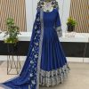 Nice Royal Blue Color Chinon Silk Embroidery Sequence Gown